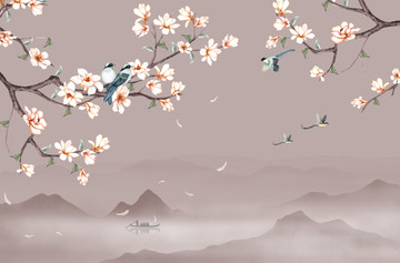 新中式花鸟背景墙壁画