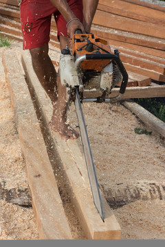 伐木工用电锯切割木头