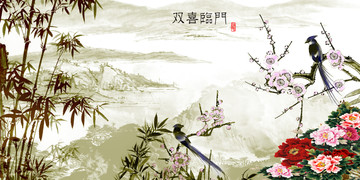 中式山水梅花竹子背景墙