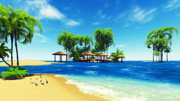 蓝天大海沙滩椰子树