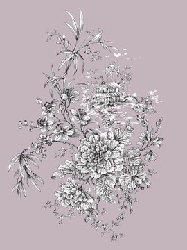 新中式线描花卉
