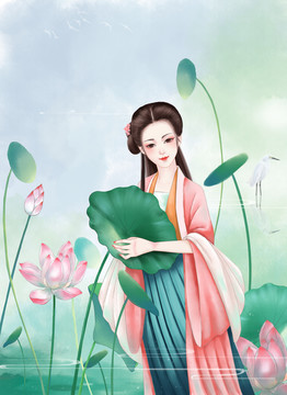 古风插画荷花美人图