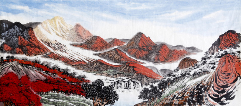 红色江山山水画