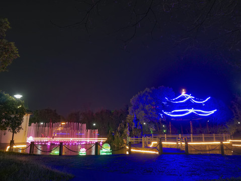 兰溪中洲公园喷泉凉亭夜景