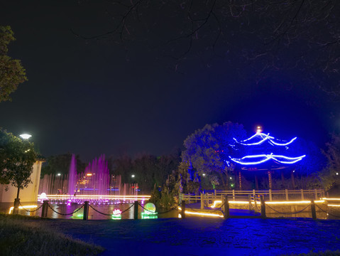 兰溪中洲公园喷泉凉亭夜景
