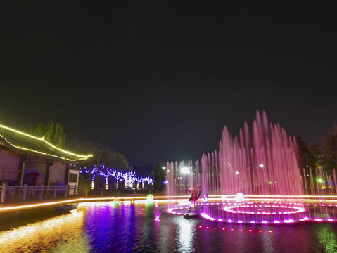兰溪中洲公园喷泉水池夜景