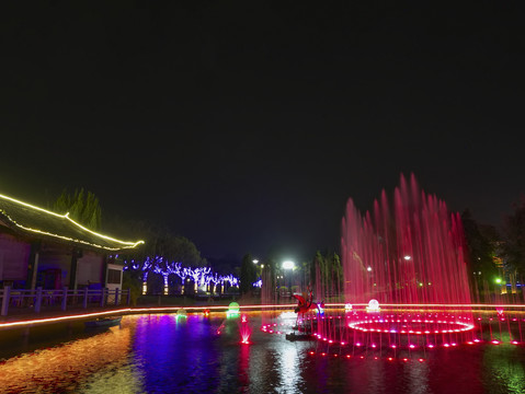 兰溪中洲公园喷泉水池夜景