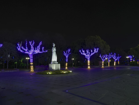 兰溪中洲公园兰花女雕像夜景