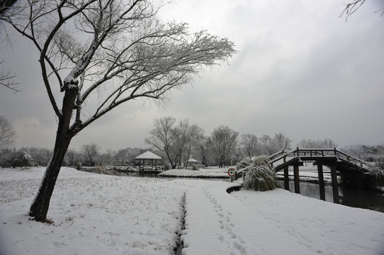 大雪覆盖着小拱桥