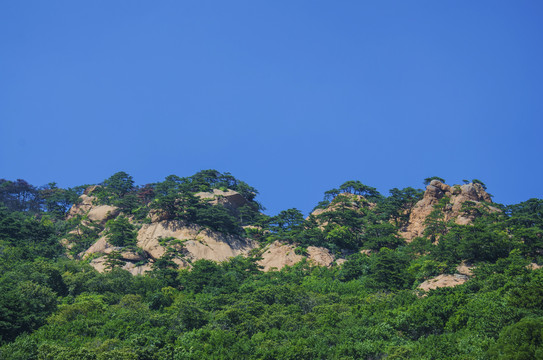 千山中会寺峻峭群山峰与松树树木