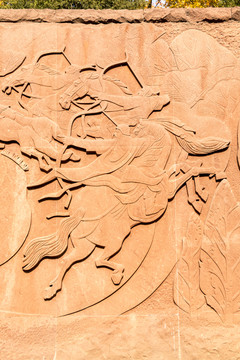 蒙古人骑马狩猎浮雕璧刻