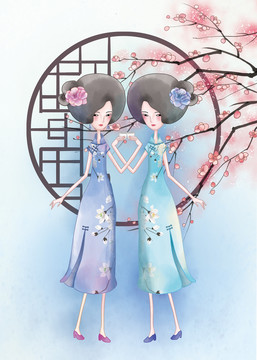 淡雅旗袍美女插画之双生花