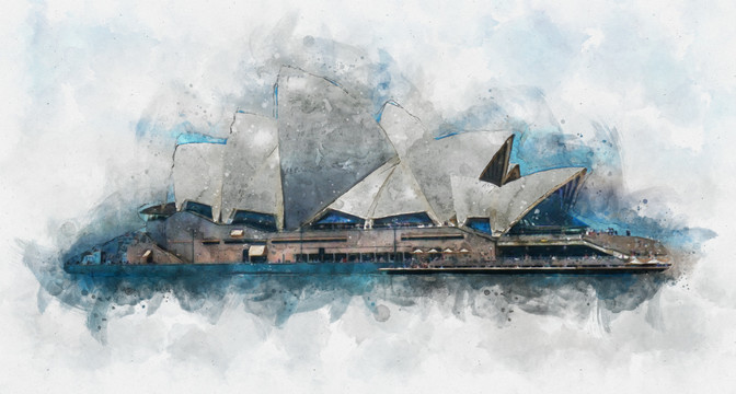 水彩澳大利亚悉尼歌剧院