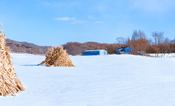 大雪过后的山区农场蓝色农房