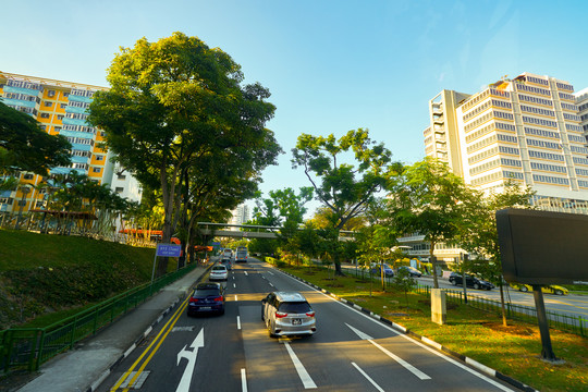 双层巴士上层往外看的城市街景