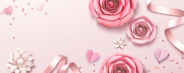 浪漫玫瑰花与缎带横幅模板