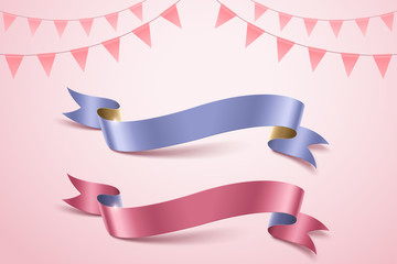 粉红色与蓝色缎带与旗帜素材