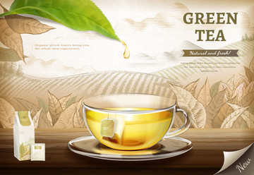 刻蚀风格高级绿茶茶包广告设计