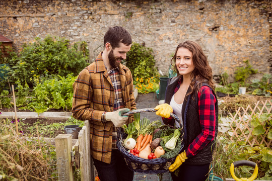 一对夫妇在乡下拿着一篮蔬菜