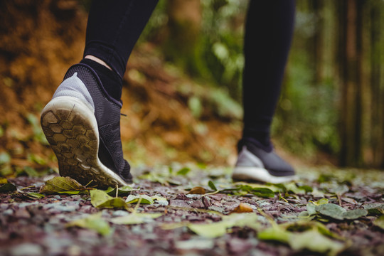 女子运动鞋在树林中奔跑的近景