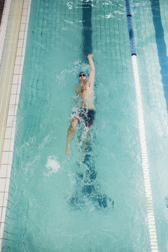 游泳运动员在游泳池里做仰泳
