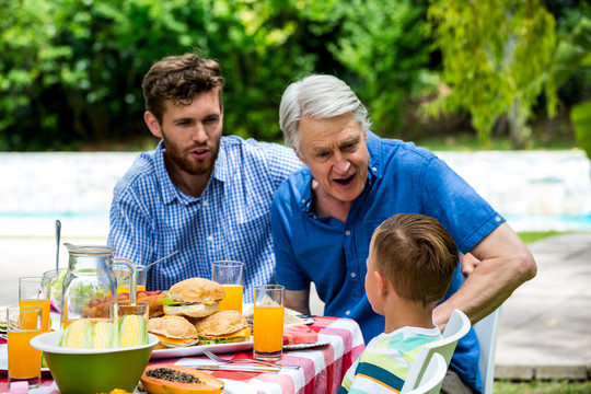 爷爷和儿子在草坪上和孙子说话