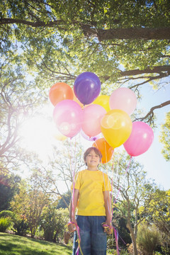 公园里拿着气球的微笑男孩的肖像