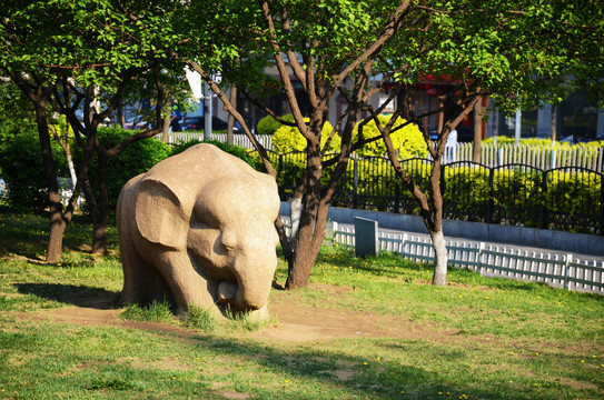 鞍山孟泰公园大象石雕像与树木