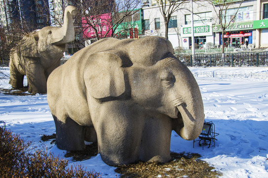 鞍山孟泰公园大象石雕像雪景