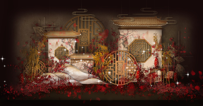 红色中式舞台婚礼设计新中式婚礼