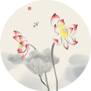 手绘水墨荷花圆形装饰画