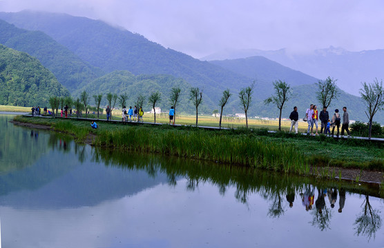 游客在大九湖游玩