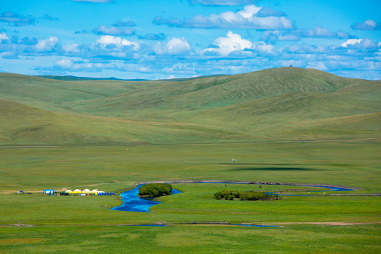 丘陵草原河流蒙古包