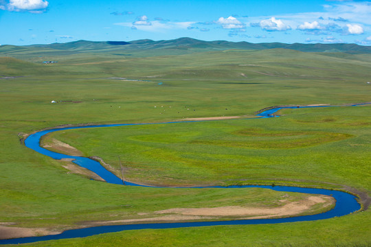 夏季草原河流羊群蒙古包