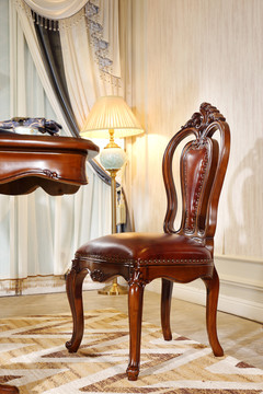 美式实木雕刻皮质餐椅