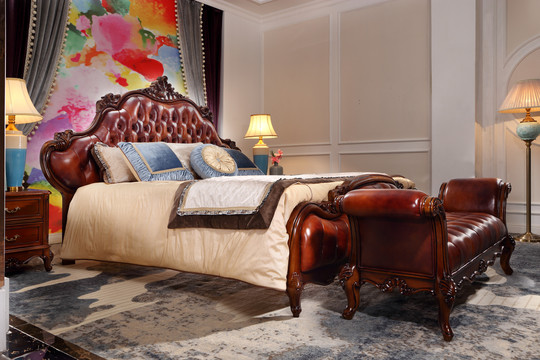 美式实木雕刻皮质沙发大床床头柜