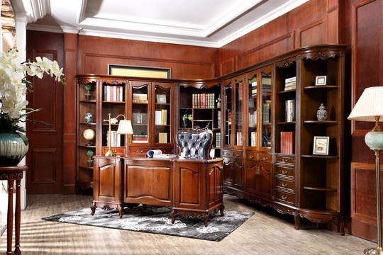 美式实木转角书柜书桌书椅展示柜