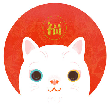 可爱的卡通手绘猫咪在红色的背景