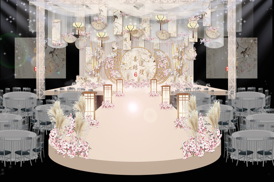 香槟色新中式舞台婚礼效果图