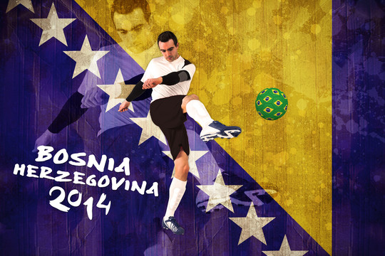 足球运动员踢波斯尼亚国旗的足球