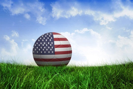 美国的足球在蓝天下的草地上