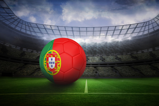 葡萄牙足球在带灯的大型足球场上