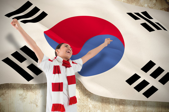 兴奋的亚洲球迷向韩国国旗欢呼