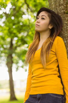 美丽的年轻女子站在公园的树上
