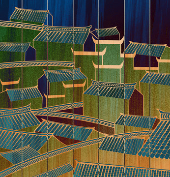 新中式创意线描小镇建筑壁画
