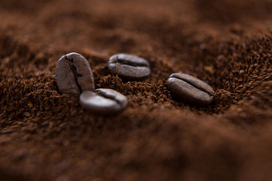 咖啡豆与烘焙咖啡粉的特写镜头