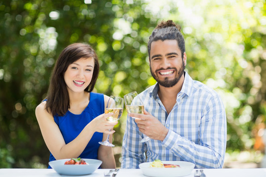 餐馆里举杯祝酒的幸福夫妻