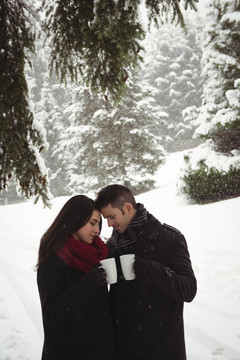 下雪时情侣在手机上自拍