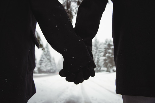 冬天在森林里拥抱的浪漫情侣