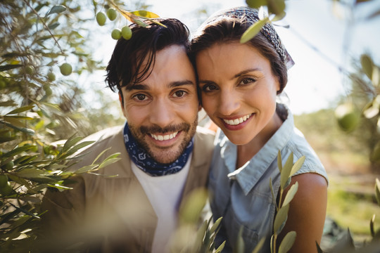 农场橄榄树旁微笑的年轻夫妇